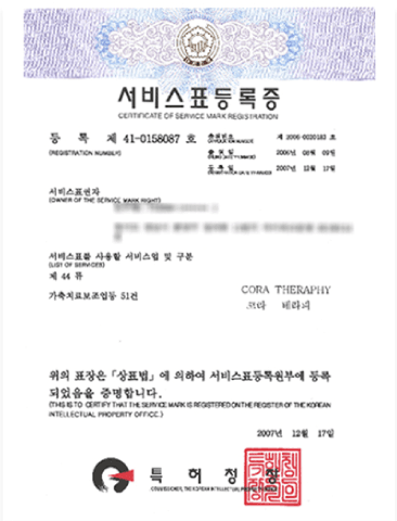 코라테라피 서비스표등록증 (등록 41-0158087호, 2007.12.17)