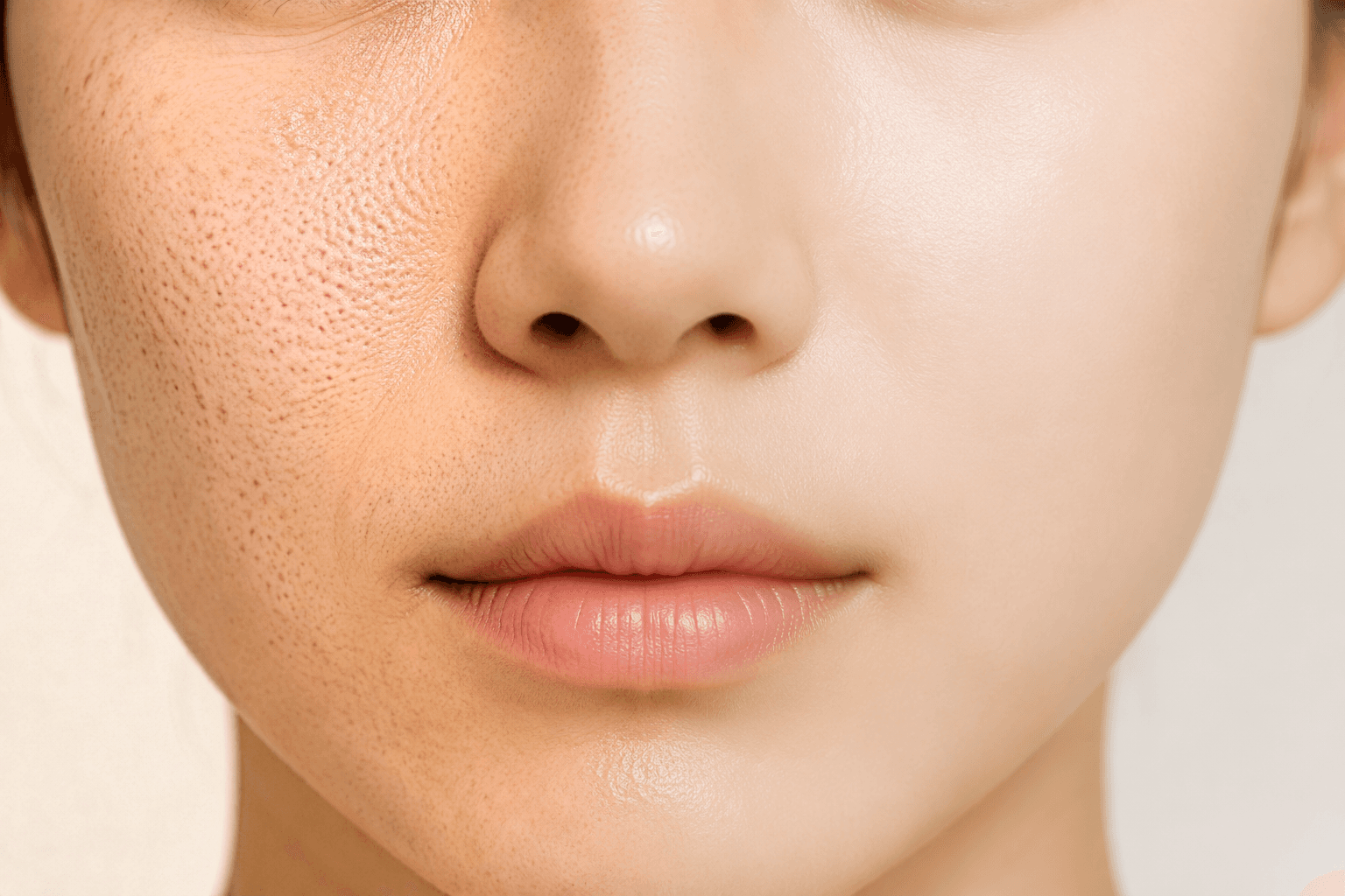넓어진 모공과 매끈한 피부 비교 — 모공새살부스터 시술 전후 컨셉